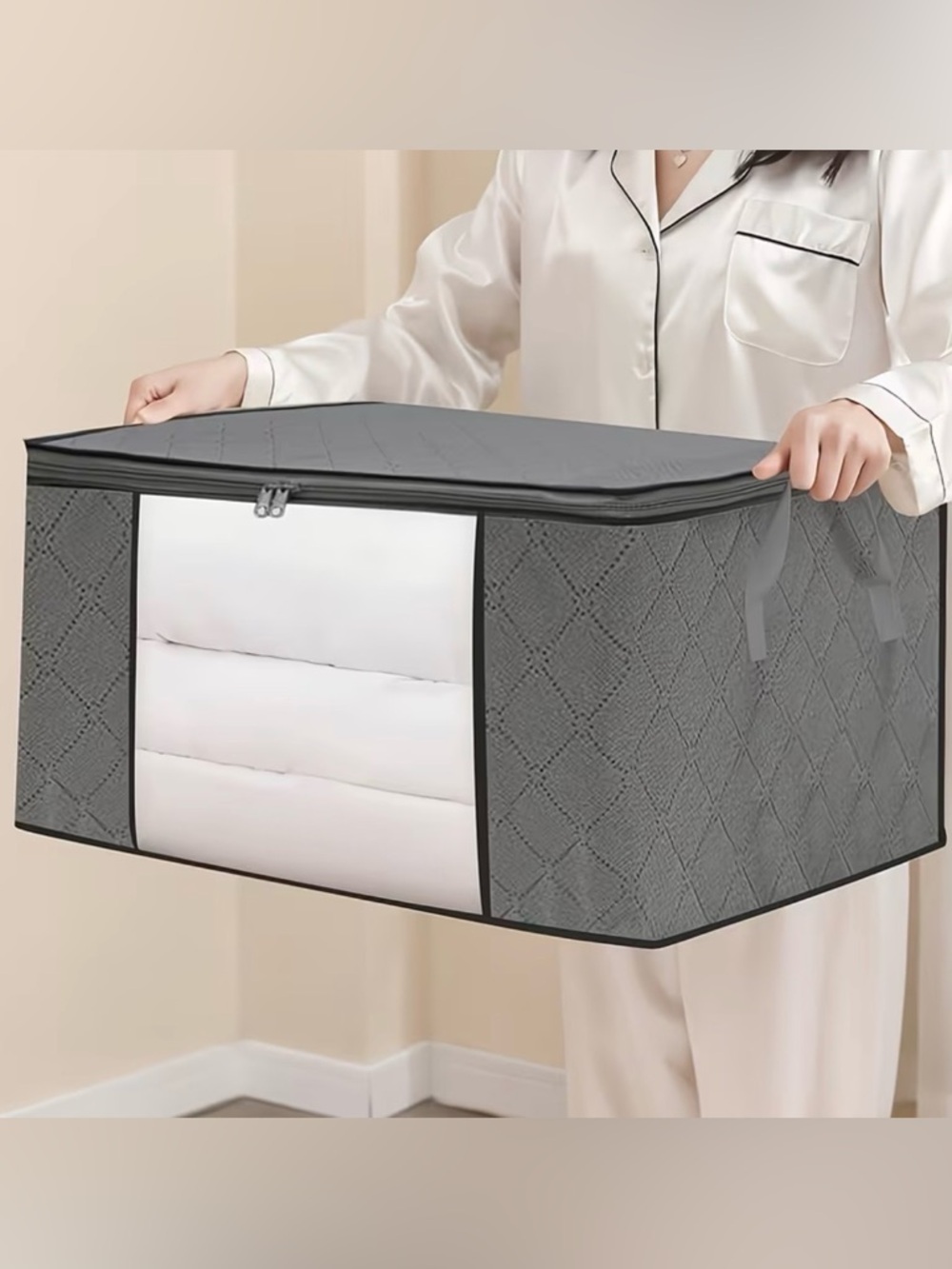 Gray Quilted Fabric Storage Bag with Clear Front Window NWOT